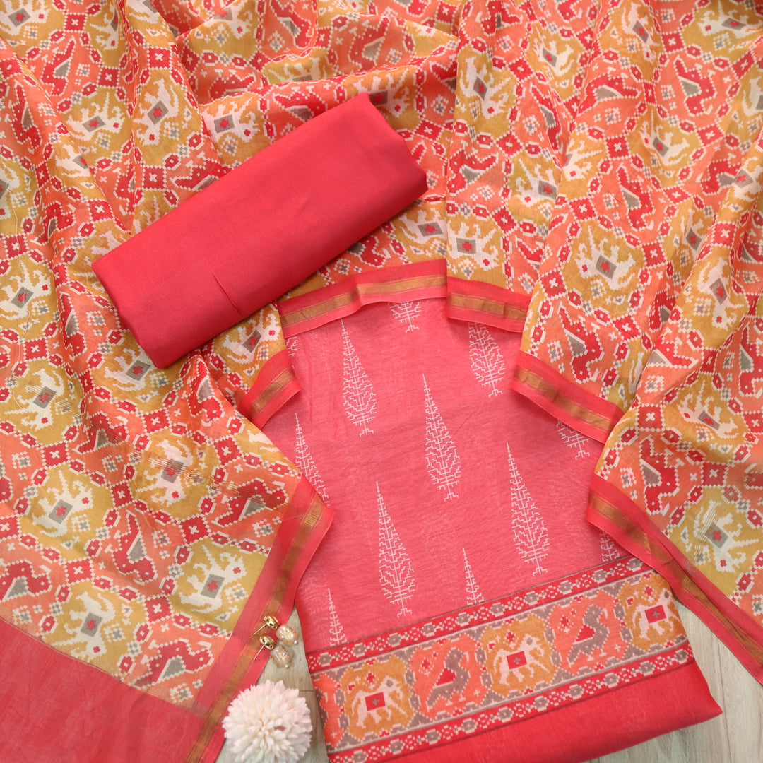 Takalluf Pink Premium Chanderi Printed Top with Patola Print Dupatta Suit Set