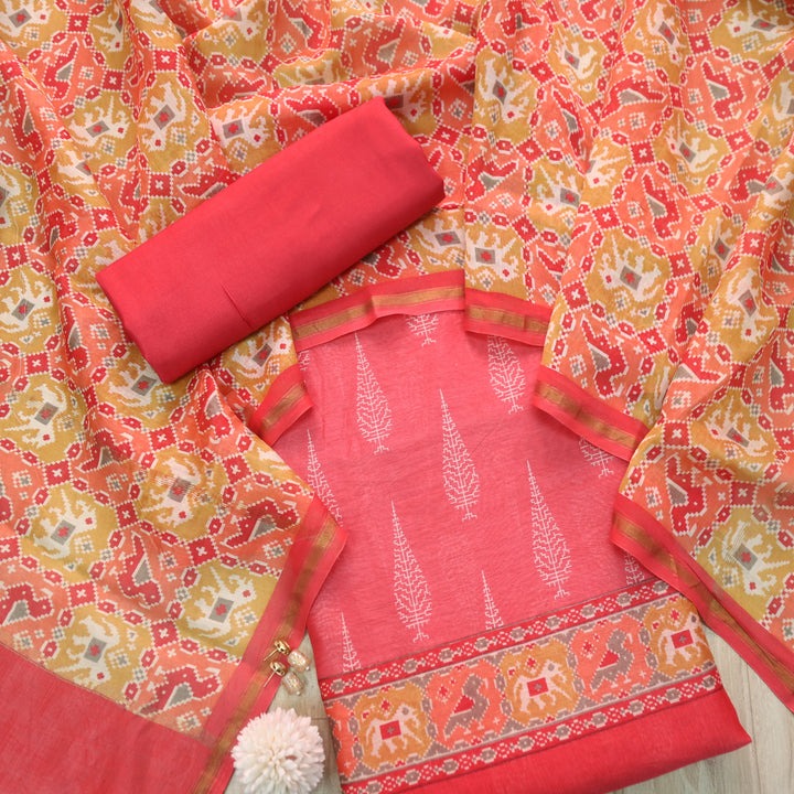 Takalluf Pink Premium Chanderi Printed Top with Patola Print Dupatta Suit Set