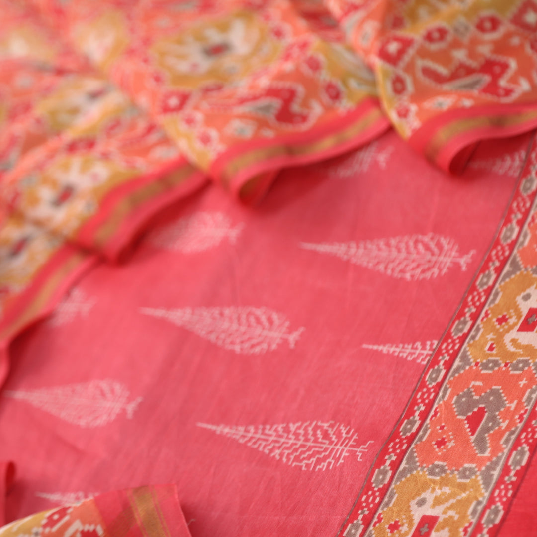 Takalluf Pink Premium Chanderi Printed Top with Patola Print Dupatta Suit Set