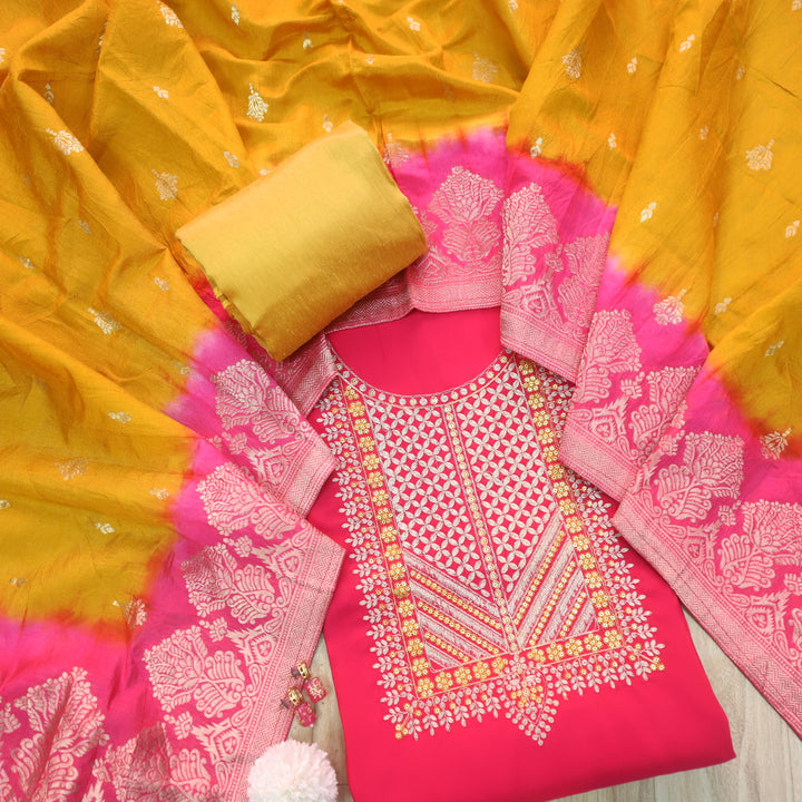Afreen Rani Pink Heavy Zari Work Neck Embroidery Modal Suit Set