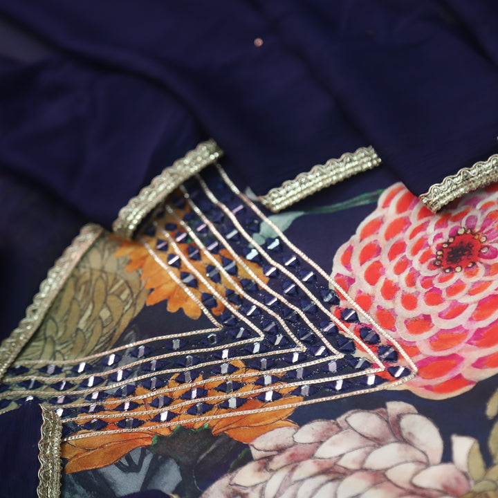 Afreen Midnight Blue V Neck with Mirror Work Floral Print Modal Suit Set