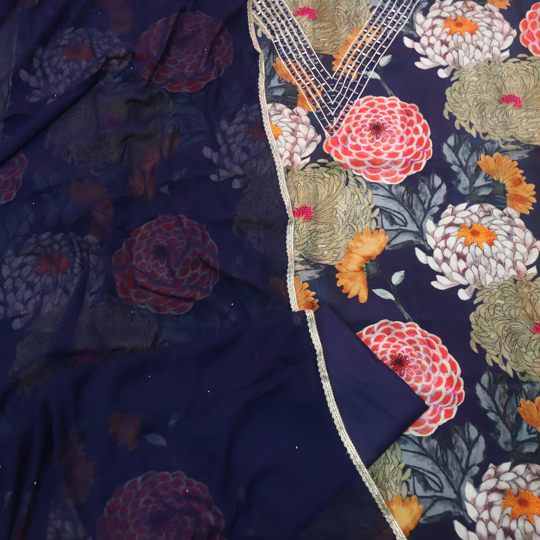 Afreen Midnight Blue V Neck with Mirror Work Floral Print Modal Suit Set