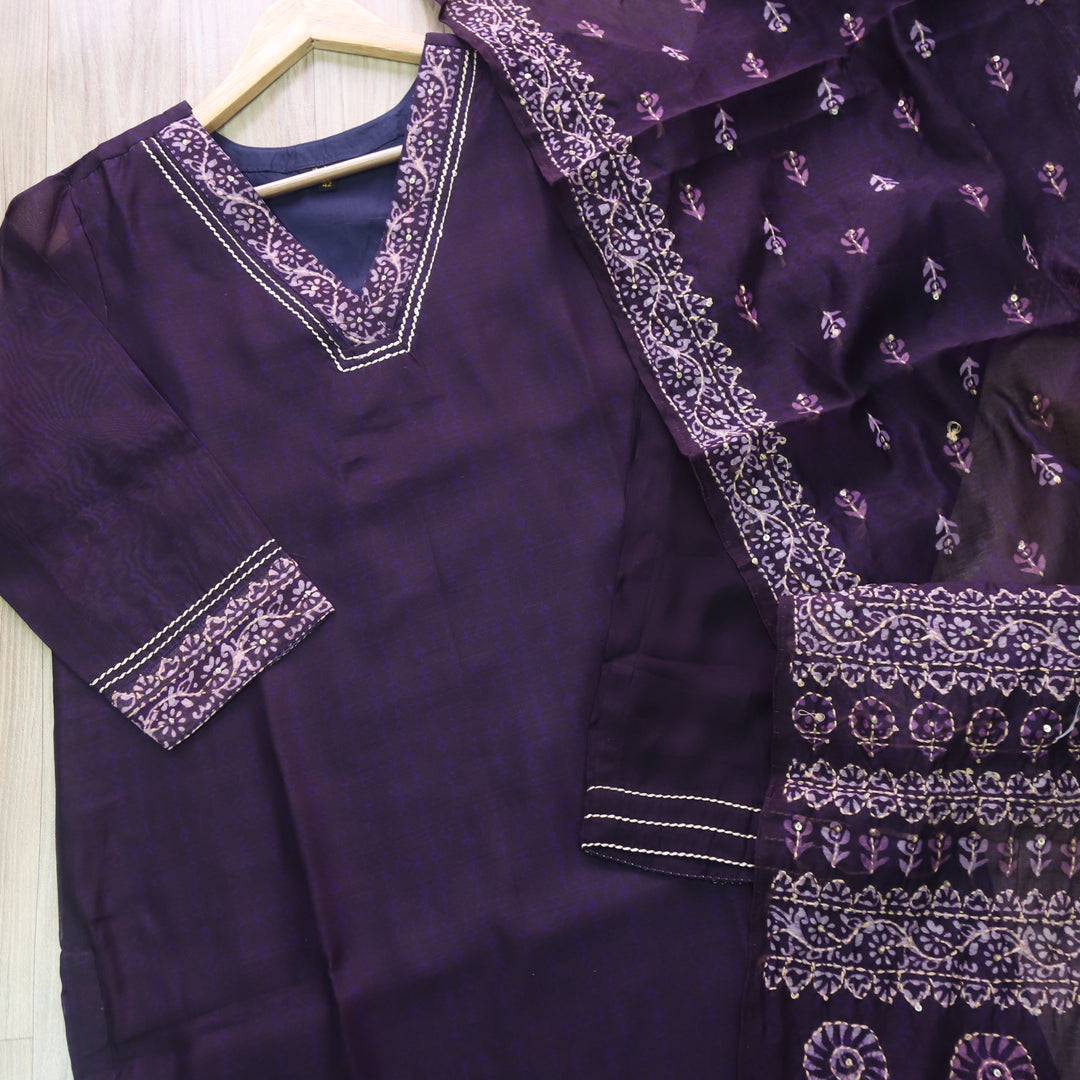 Kohinoor Purple Kantha Work Chanderi Top with Kantha Work Chanderi Dupatta 3 Piece Set