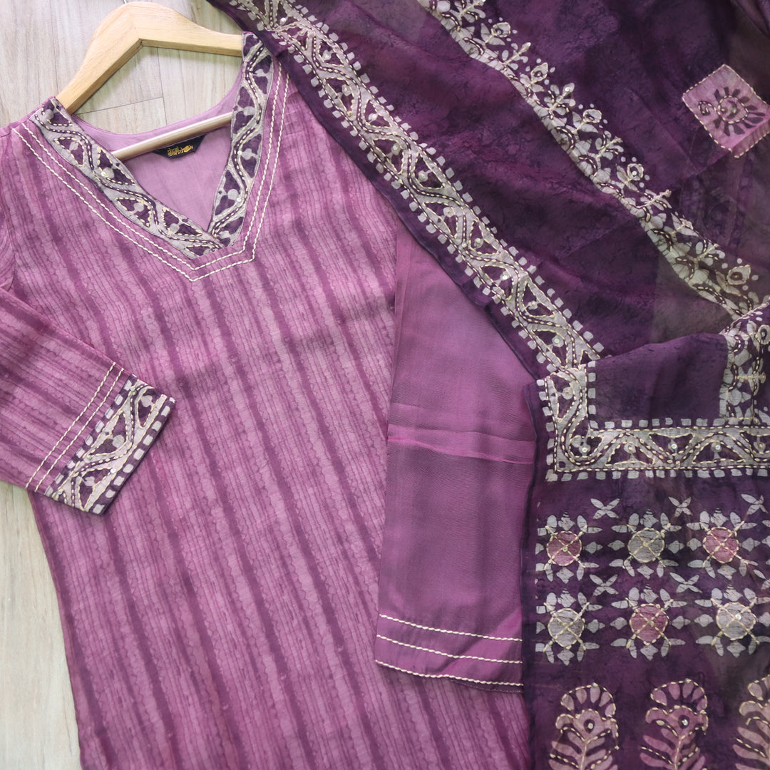 Kohinoor Mulberry Purple Kantha Work Chanderi Top with Kantha Work Dupatta 3 Piece Set