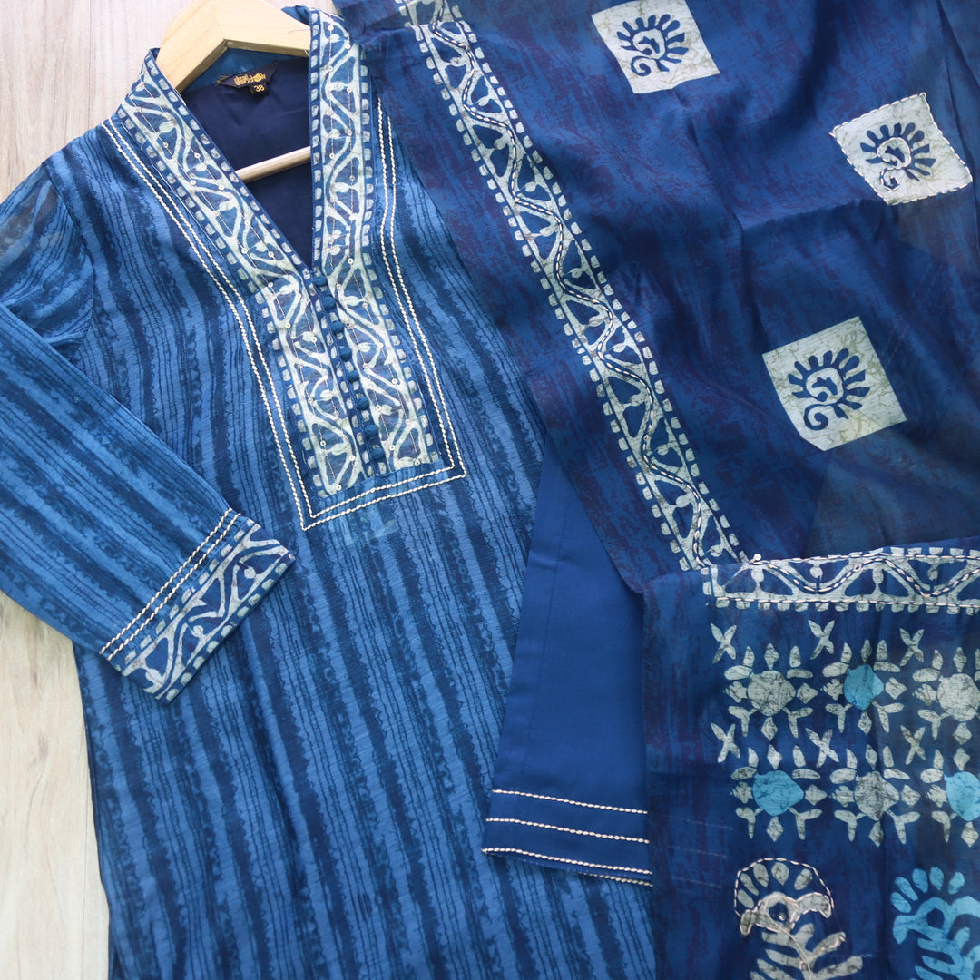 Kohinoor Royal Blue Kantha Work Chanderi Top with Kantha Work Dupatta 3 Piece Set