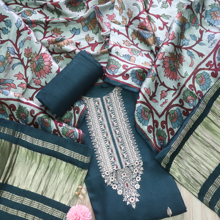 Soundarya Midnight Grey Zari Work Designer Neck Dola Silk Suit Set