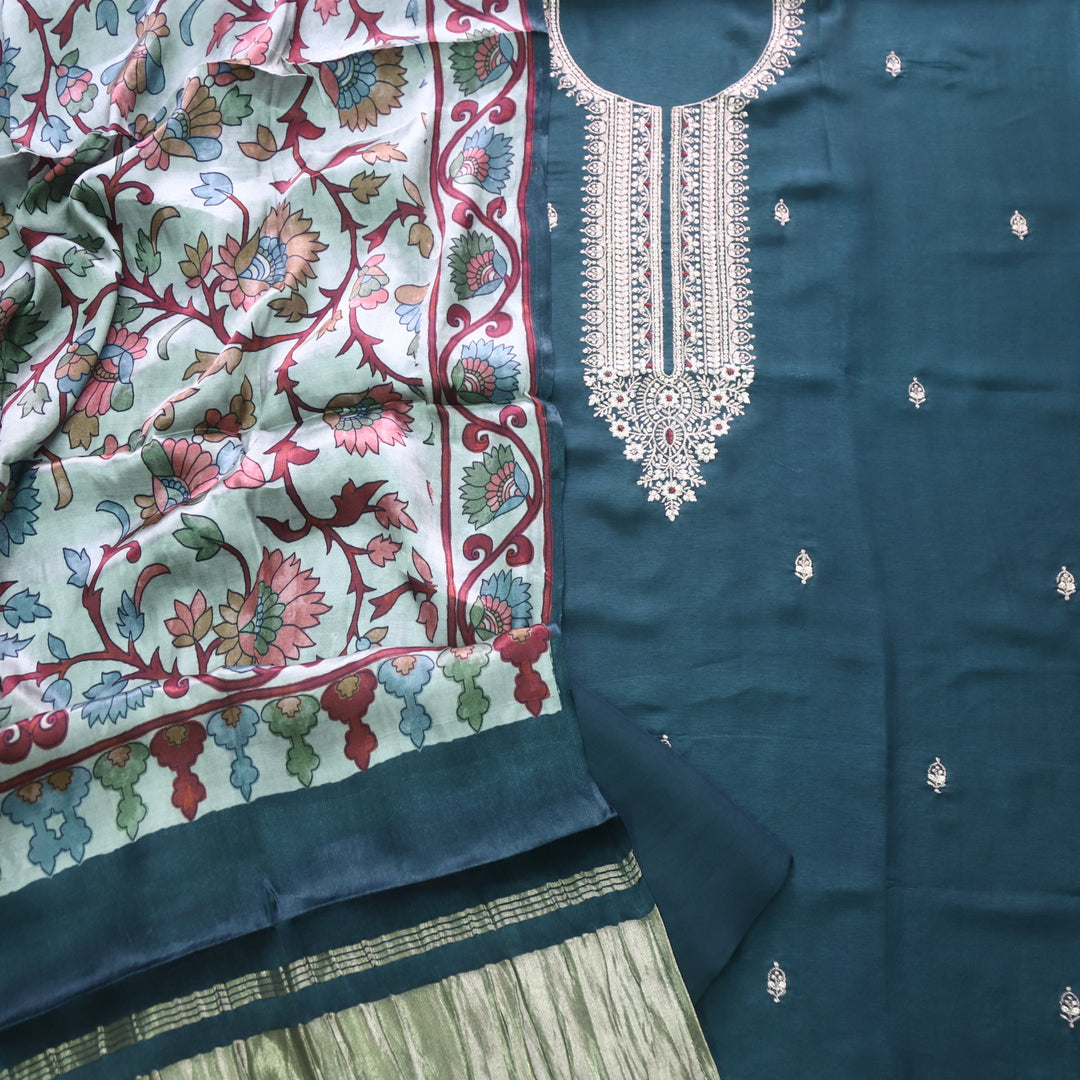 Soundarya Midnight Grey Zari Work Designer Neck Dola Silk Suit Set