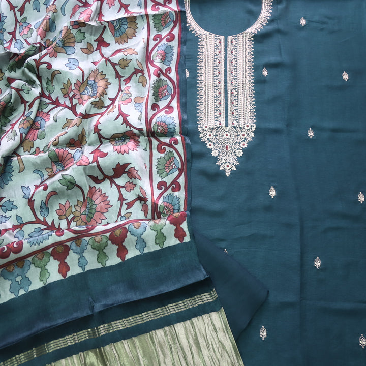 Soundarya Midnight Grey Zari Work Designer Neck Dola Silk Suit Set