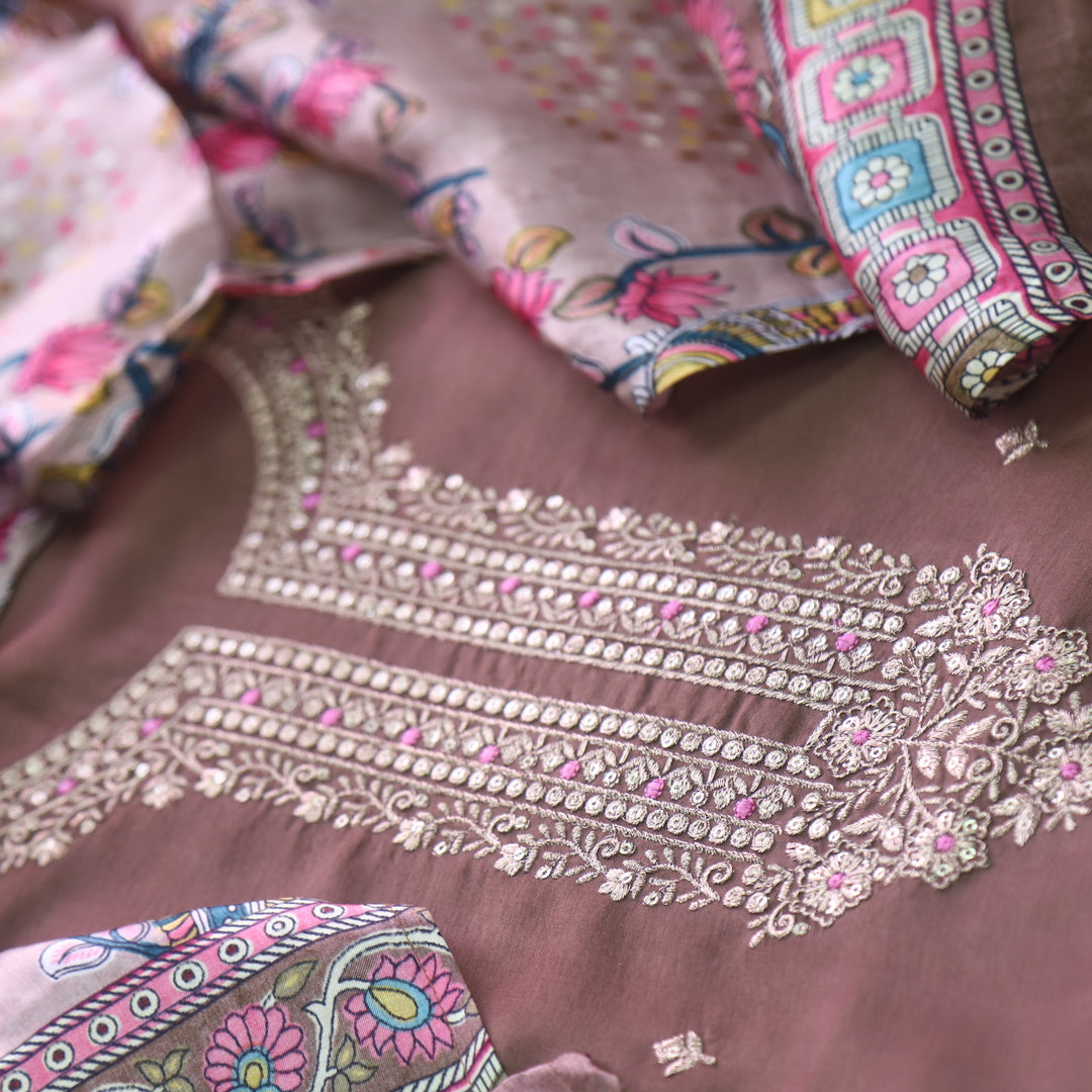 Soundarya Choco Brown Zari Work Designer Neck Dola Silk Suit Set