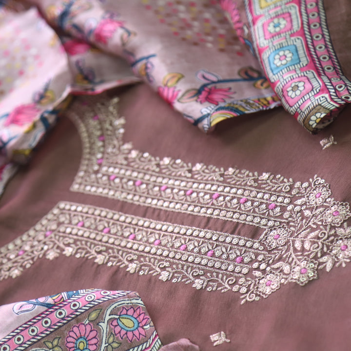Soundarya Choco Brown Zari Work Designer Neck Dola Silk Suit Set