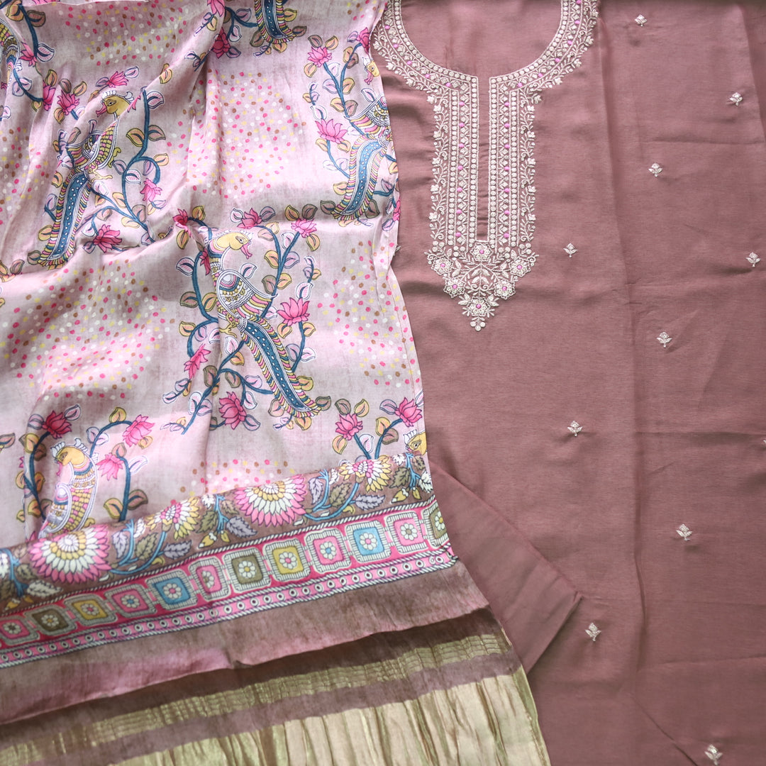 Soundarya Choco Brown Zari Work Designer Neck Dola Silk Suit Set
