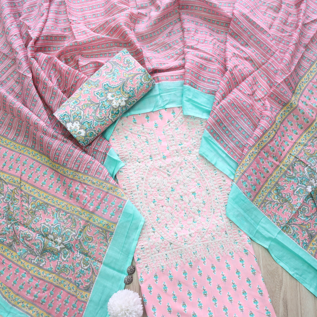 Sarkaare Baby Pink Thread Work Neck Floral Print Cotton Suit Set