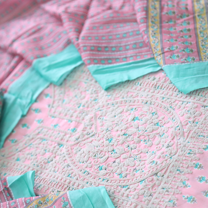Sarkaare Baby Pink Thread Work Neck Floral Print Cotton Suit Set