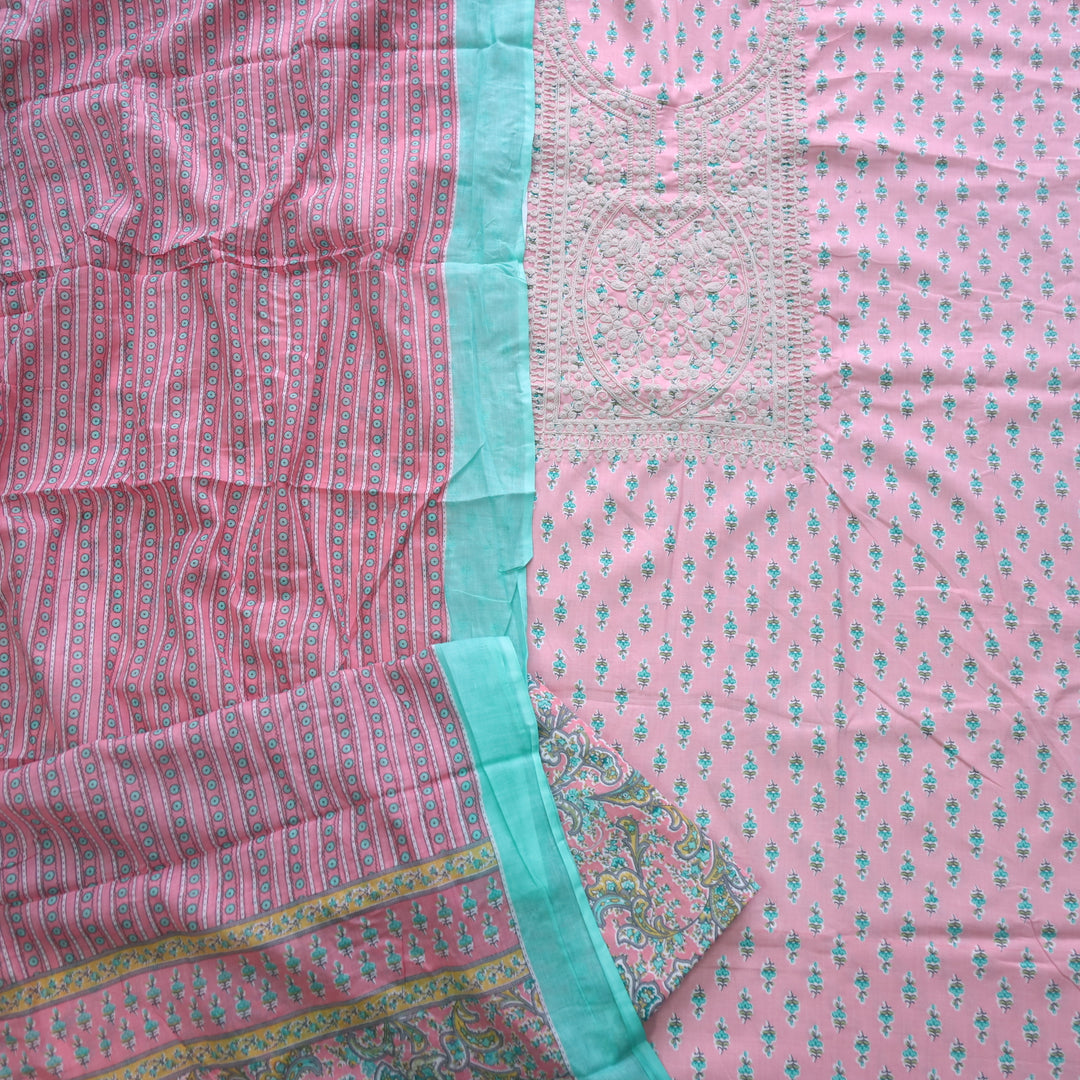 Sarkaare Baby Pink Thread Work Neck Floral Print Cotton Suit Set
