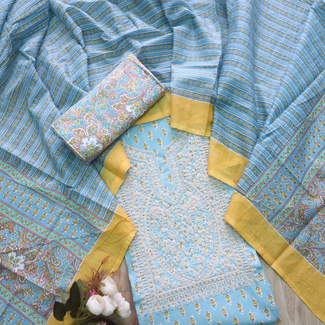 Sarkaare Stone Blue Thread Work Neck Floral Print Cotton Suit Set