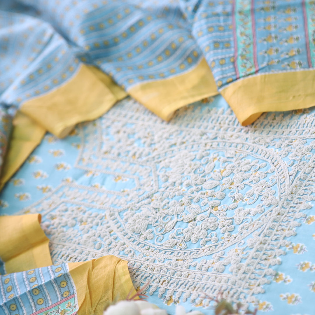 Sarkaare Stone Blue Thread Work Neck Floral Print Cotton Suit Set