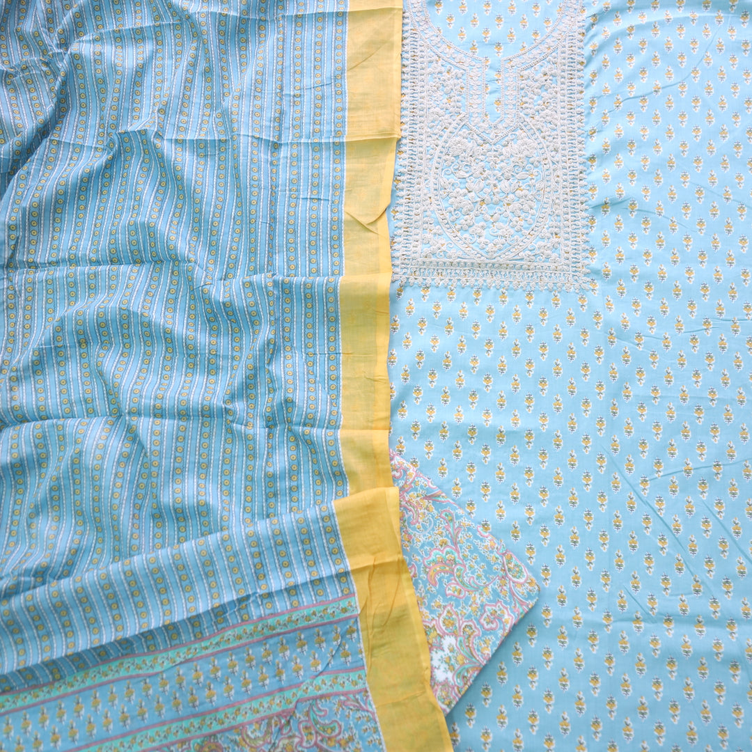 Sarkaare Stone Blue Thread Work Neck Floral Print Cotton Suit Set
