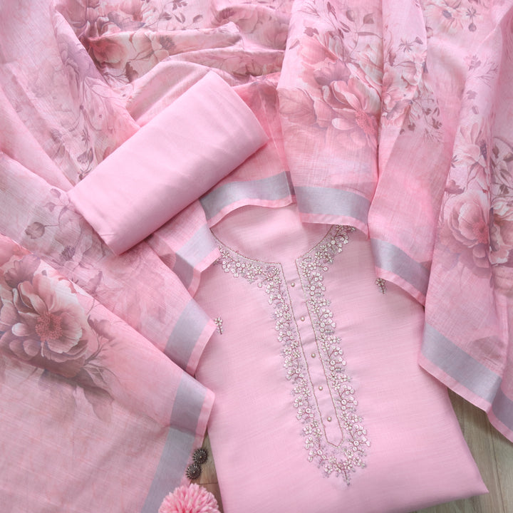 Mohini Flamingo Pink Thread Neck Work Cotton Linen Suit Set