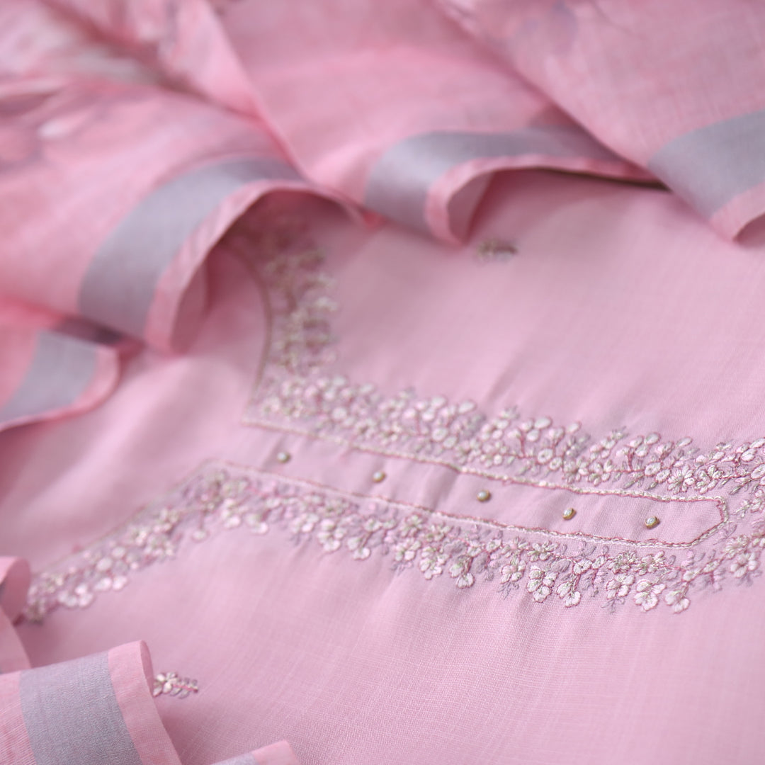Mohini Flamingo Pink Thread Neck Work Cotton Linen Suit Set