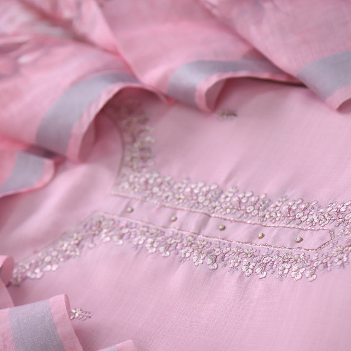 Mohini Flamingo Pink Thread Neck Work Cotton Linen Suit Set