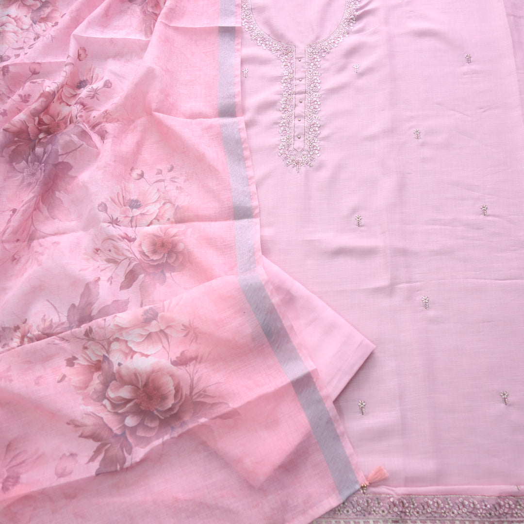 Mohini Flamingo Pink Thread Neck Work Cotton Linen Suit Set