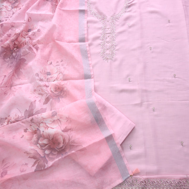Mohini Flamingo Pink Thread Neck Work Cotton Linen Suit Set
