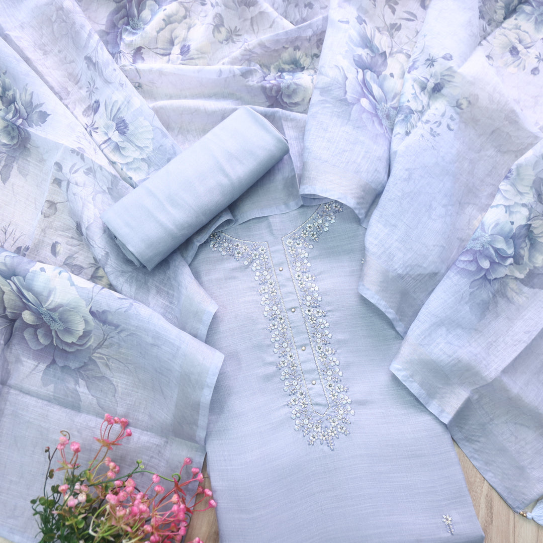 Mohini Pastel Greyish Blue Thread Neck Work Cotton Linen Suit Set