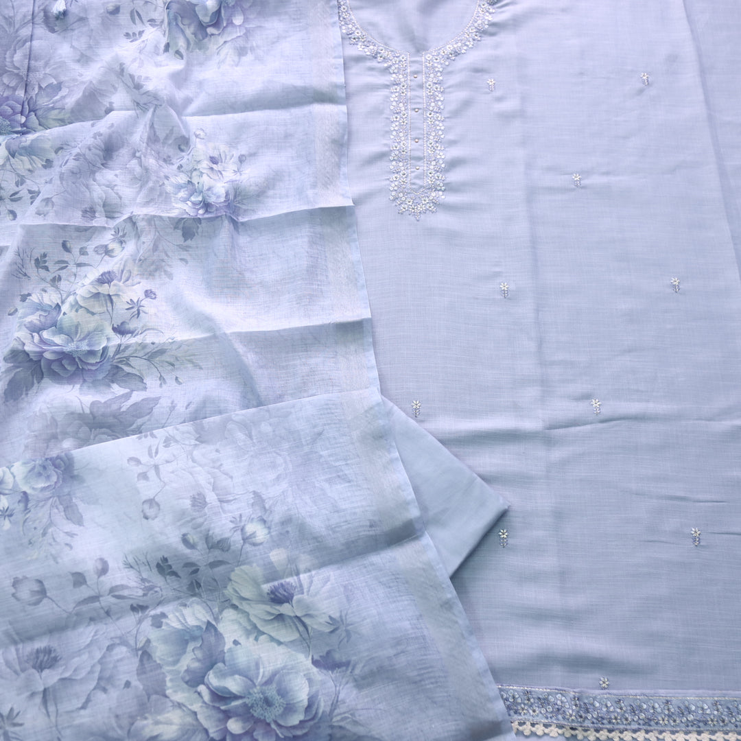 Mohini Pastel Greyish Blue Thread Neck Work Cotton Linen Suit Set