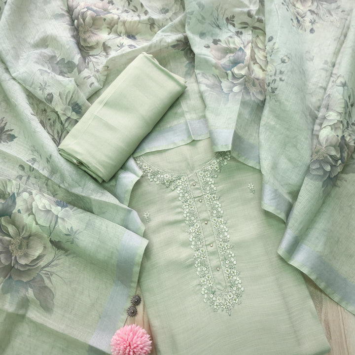Mohini Fern Green Thread Neck Work Cotton Linen Suit Set