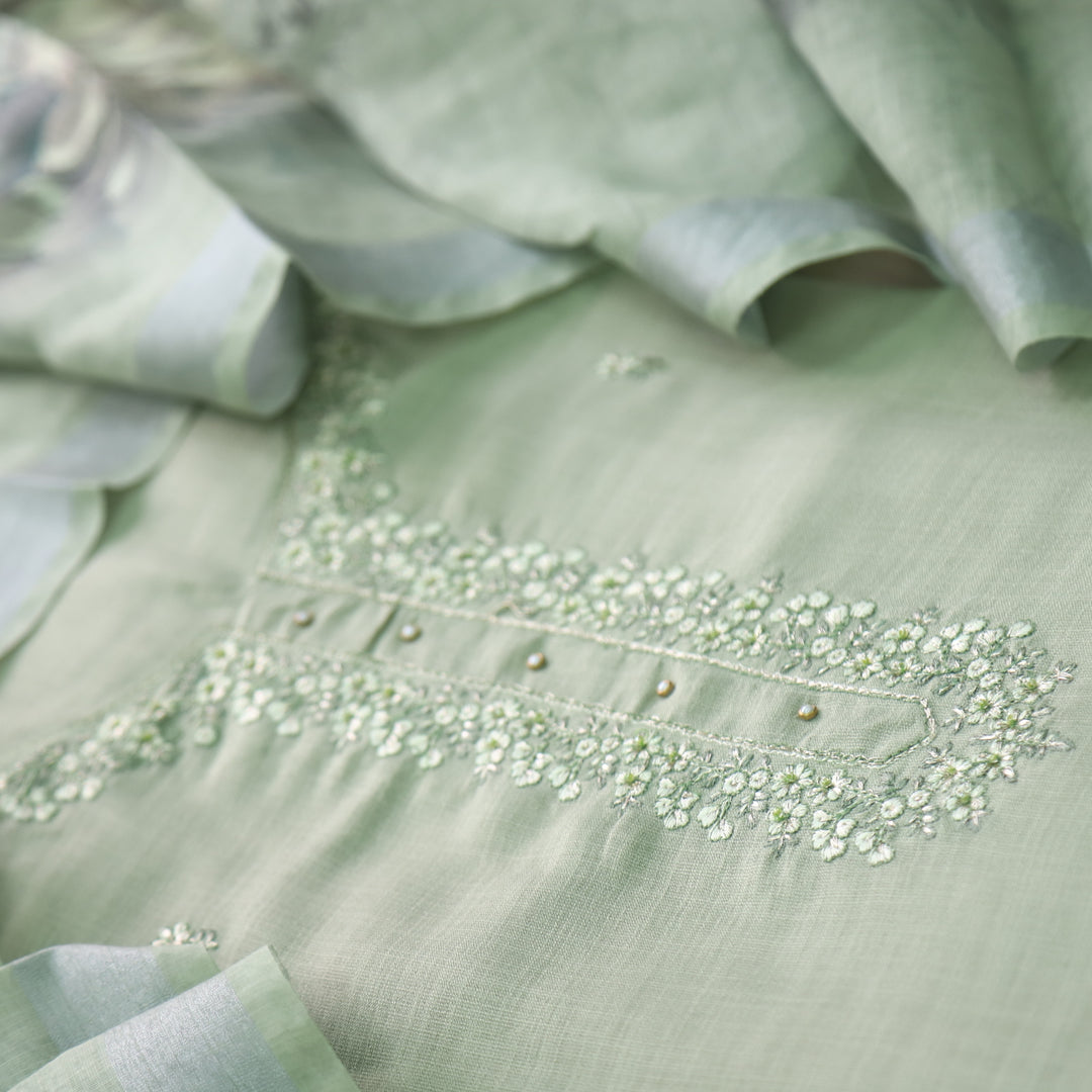 Mohini Fern Green Thread Neck Work Cotton Linen Suit Set