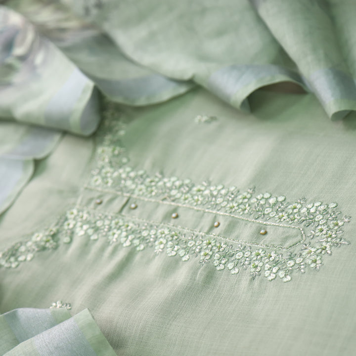 Mohini Fern Green Thread Neck Work Cotton Linen Suit Set