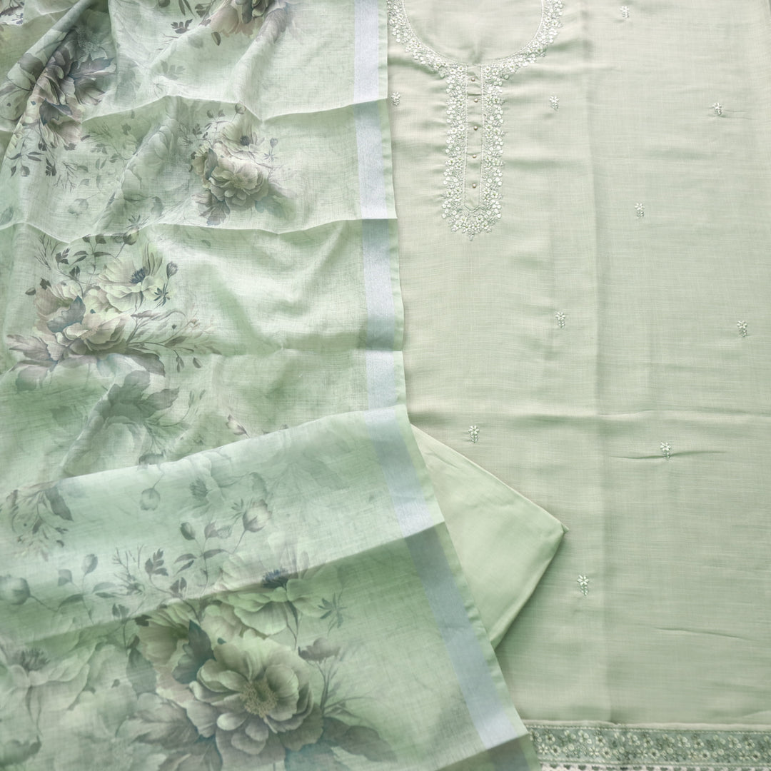 Mohini Fern Green Thread Neck Work Cotton Linen Suit Set