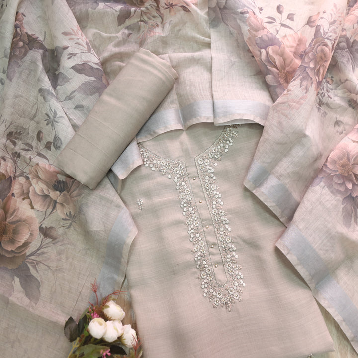 Mohini Skin Beige White Thread Neck Work Cotton Linen Suit Set