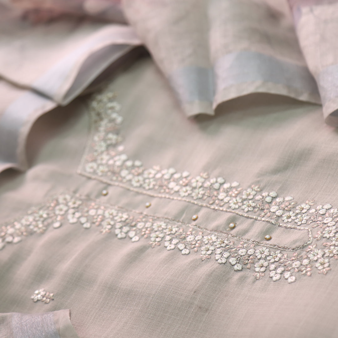 Mohini Skin Beige White Thread Neck Work Cotton Linen Suit Set