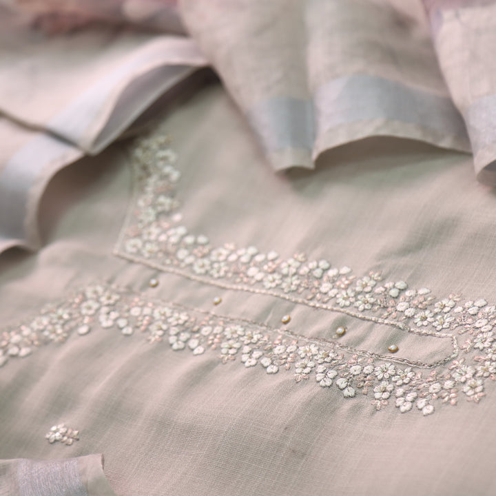 Mohini Skin Beige White Thread Neck Work Cotton Linen Suit Set