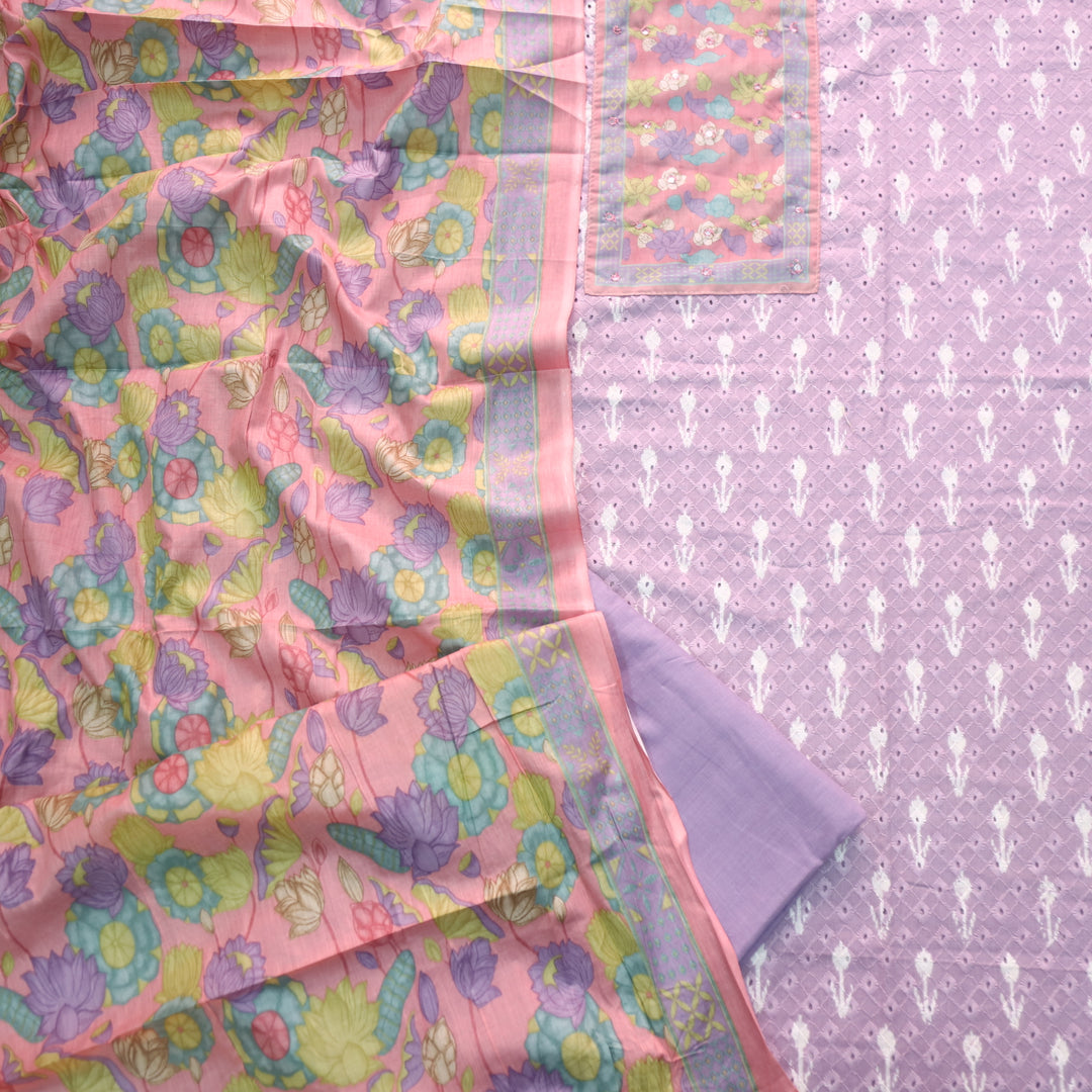 Sarkaare Lilac Floral Print Patch Schiffli Work Ikkat Print Cotton Suit Set