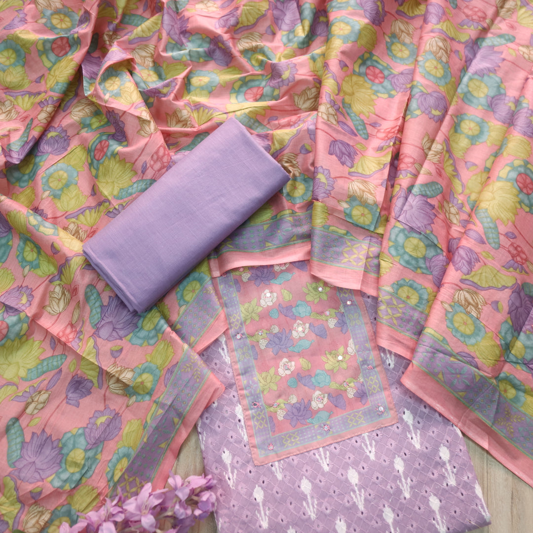 Sarkaare Lilac Floral Print Patch Schiffli Work Ikkat Print Cotton Suit Set