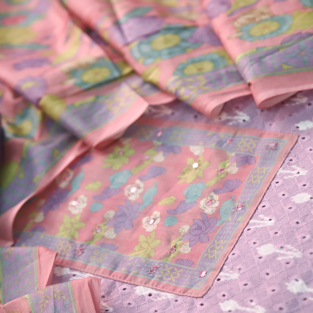 Sarkaare Lilac Floral Print Patch Schiffli Work Ikkat Print Cotton Suit Set