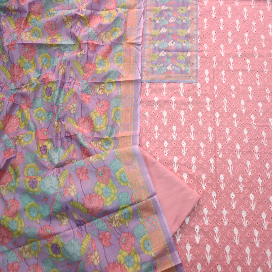 Sarkaare Baby Pink Floral Print Patch Schiffli Work Ikkat Print Cotton Suit Set