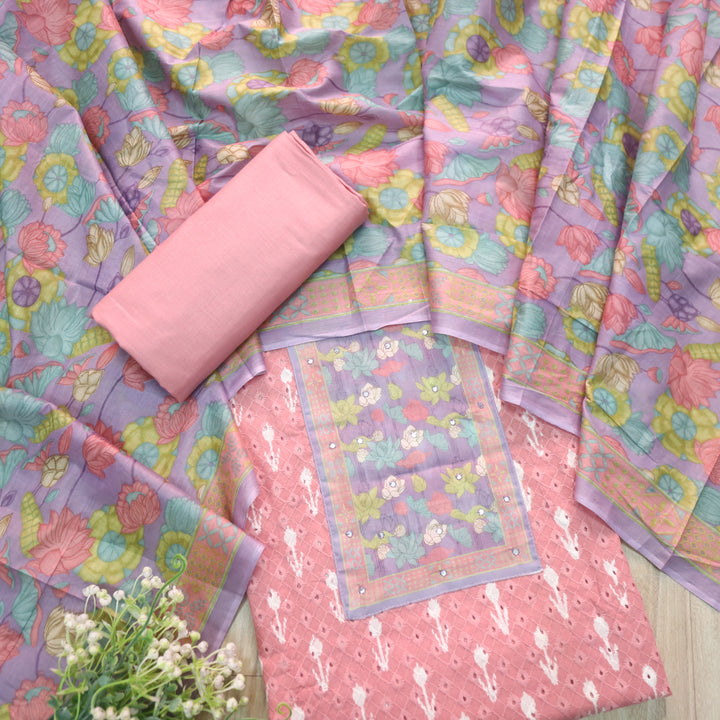 Sarkaare Baby Pink Floral Print Patch Schiffli Work Ikkat Print Cotton Suit Set