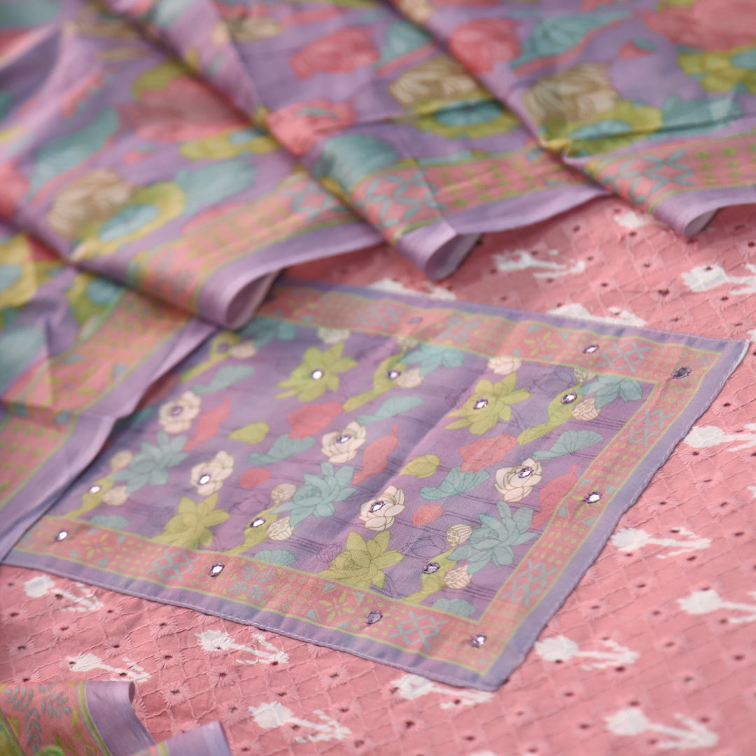 Sarkaare Baby Pink Floral Print Patch Schiffli Work Ikkat Print Cotton Suit Set