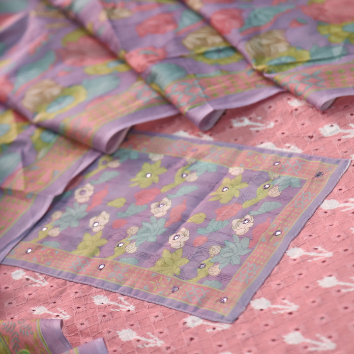 Sarkaare Baby Pink Floral Print Patch Schiffli Work Ikkat Print Cotton Suit Set