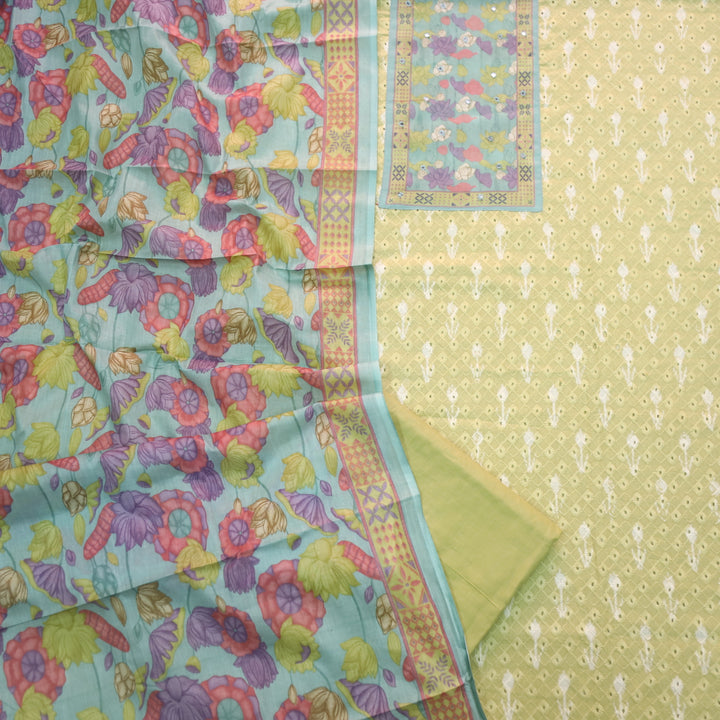 Sarkaare Canary Yellow Floral Print Patch Schiffli Work Ikkat Print Cotton Suit Set