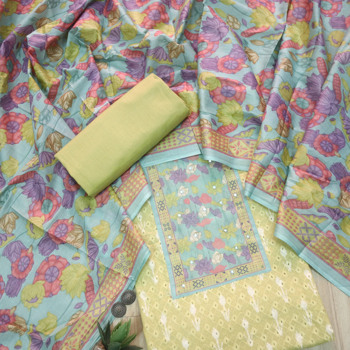 Sarkaare Canary Yellow Floral Print Patch Schiffli Work Ikkat Print Cotton Suit Set