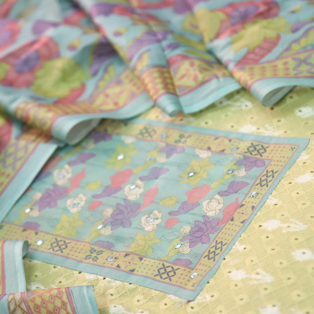 Sarkaare Canary Yellow Floral Print Patch Schiffli Work Ikkat Print Cotton Suit Set