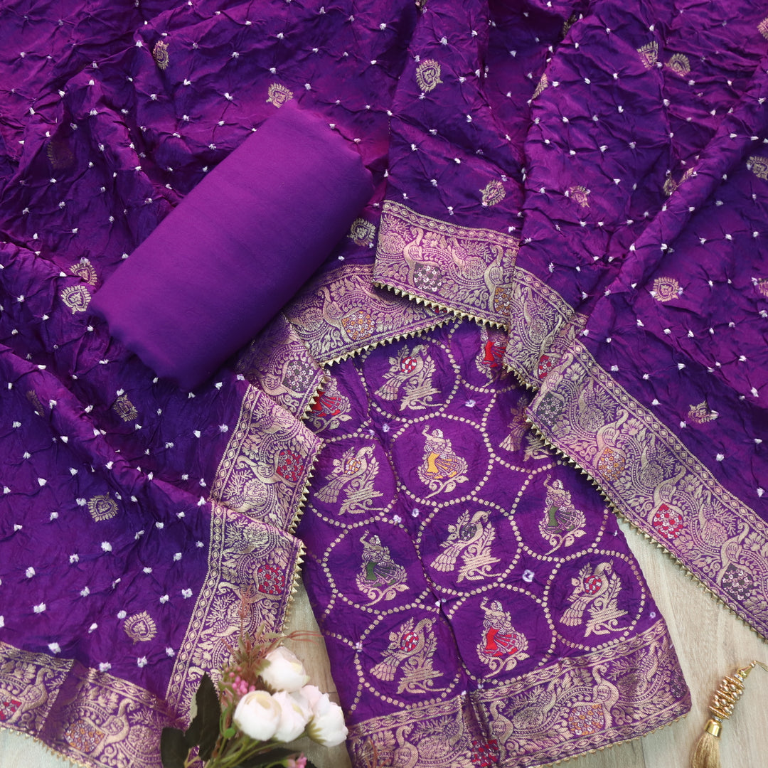 Hassmu Orchid Purple Bandhej Work Dola Silk Top with Dola Silk Dupatta