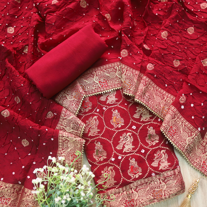 Hassmu Maroon Red Bandhej Work Dola Silk Top with Dola Silk Dupatta