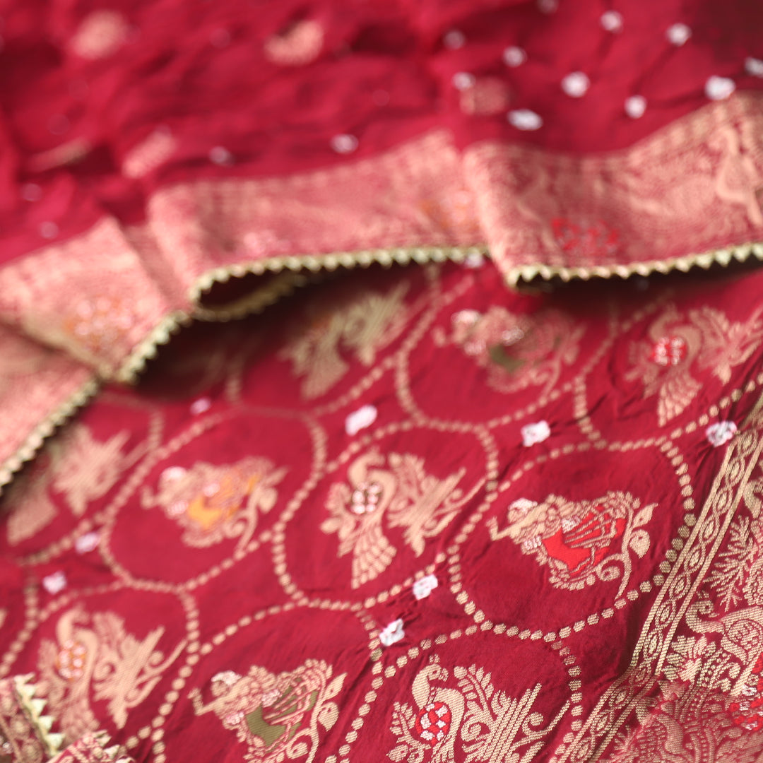 Hassmu Maroon Red Bandhej Work Dola Silk Top with Dola Silk Dupatta