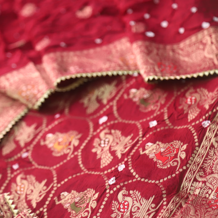 Hassmu Maroon Red Bandhej Work Dola Silk Top with Dola Silk Dupatta