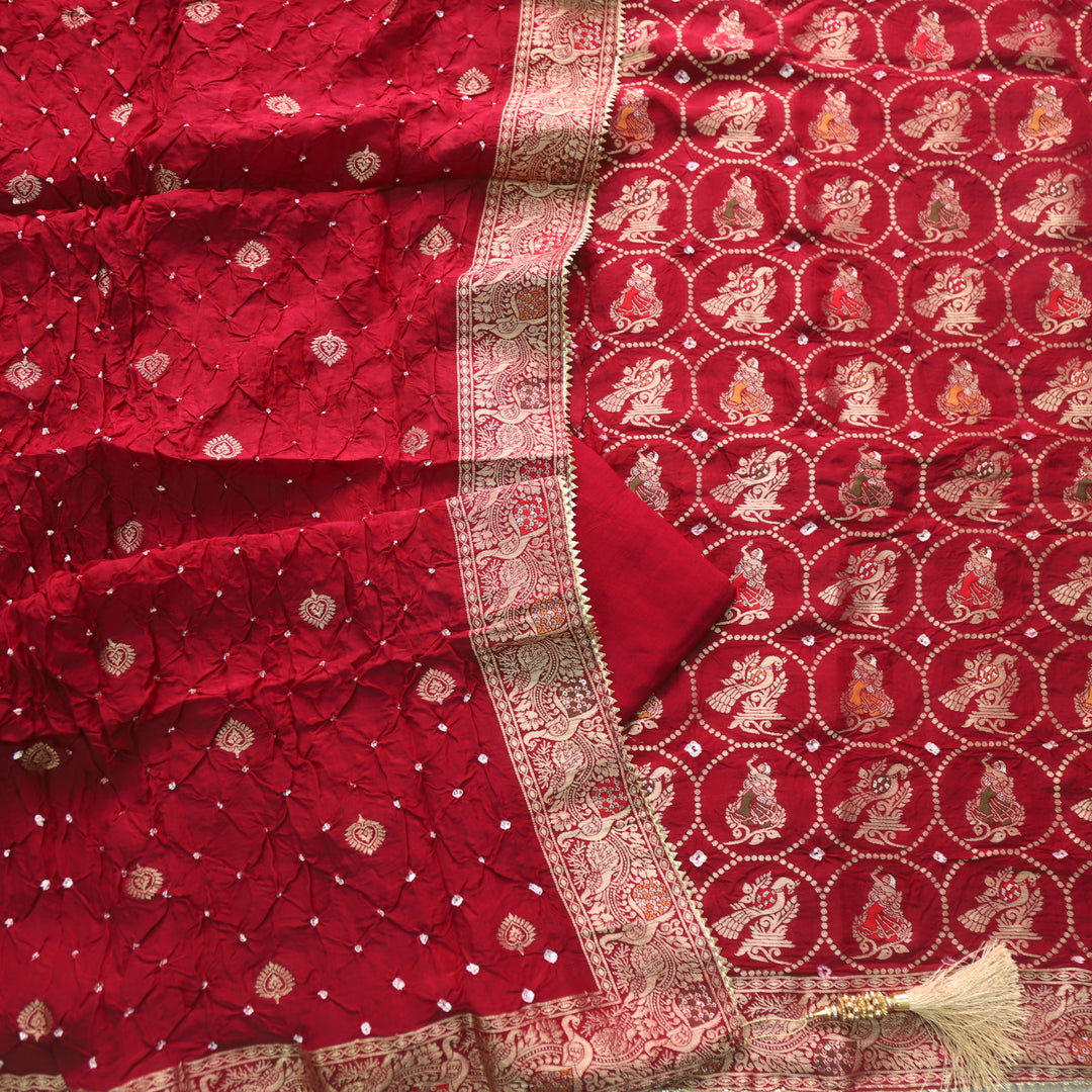 Hassmu Maroon Red Bandhej Work Dola Silk Top with Dola Silk Dupatta